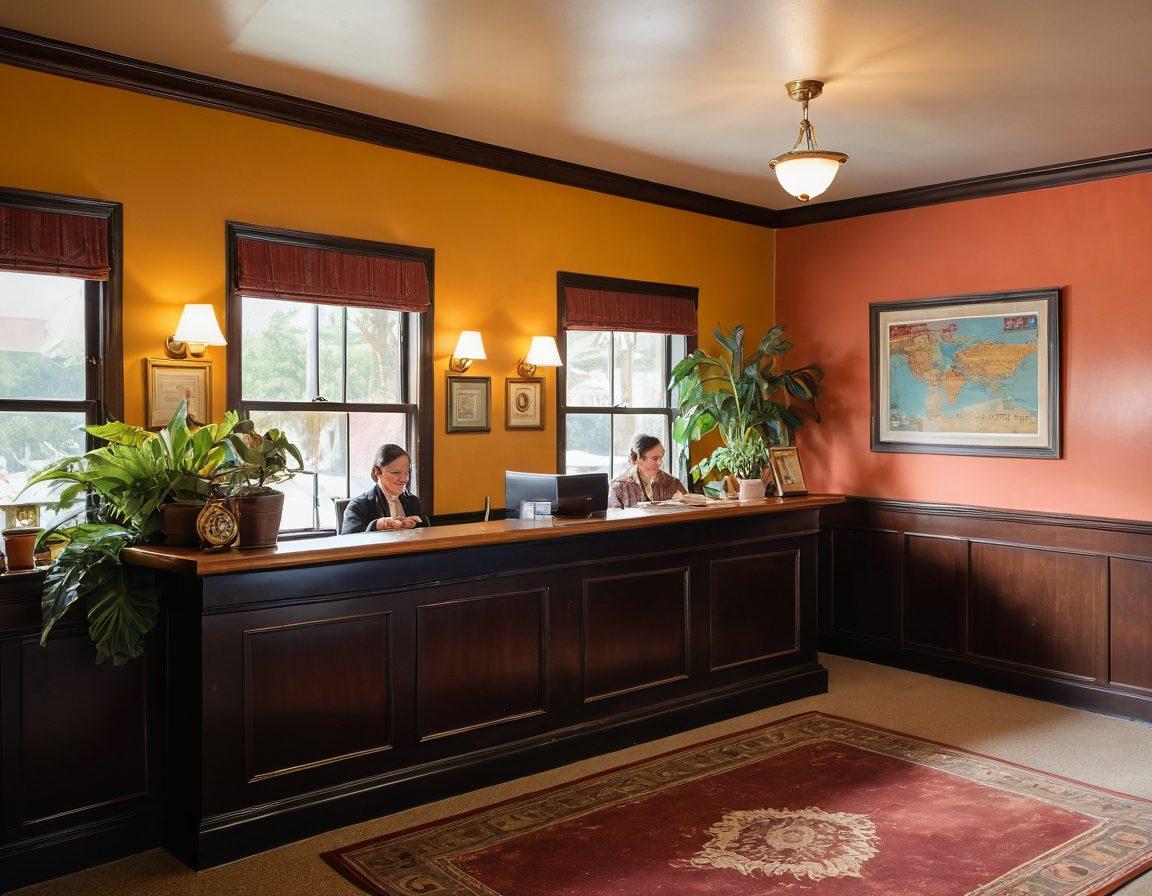 A cozy interior of the Lotus Motel showcasing a welcoming reception desk with vintage decor, friendly staff interacting with travelers, and glimpses of distinct themed rooms in the background. Natural light streaming through large windows accentuating the warm colors and inviting atmosphere. Subtle details like travel brochures on the desk and potted plants adding life to the scene. super-realistic. vibrant colors. warm tones.