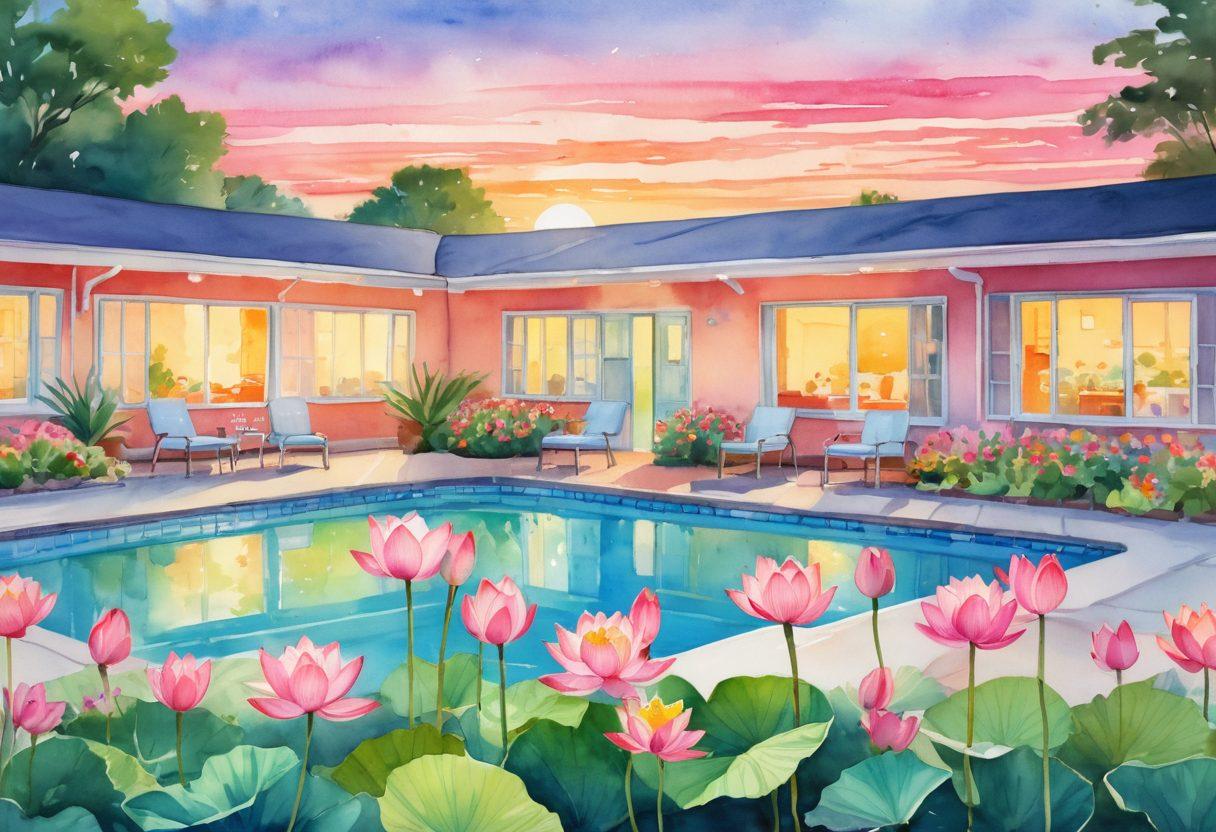 A cozy, family-friendly motel with a vibrant exterior, featuring colorful lotus flowers in the garden. Families enjoying their stay with children playing outside, an inviting swimming pool nearby, and a sunset backdrop. Emphasize warmth and affordability, showcasing happy faces and a welcoming atmosphere. watercolor style. bright colors. soft focus.