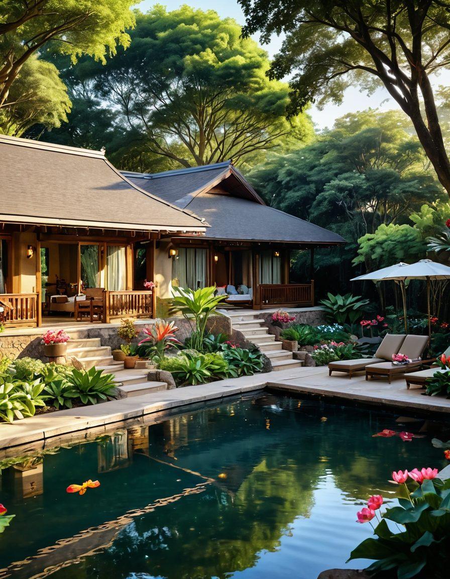 A serene scene showcasing a luxurious lotus-themed lodge surrounded by lush greenery and tranquil water features. The lodge has elegant outdoor seating areas adorned with colorful lotus flowers. Include happy guests enjoying amenities like a spa and yoga session. Bright sunlight filtering through trees creates a warm and inviting atmosphere. vibrant colors. super-realistic.